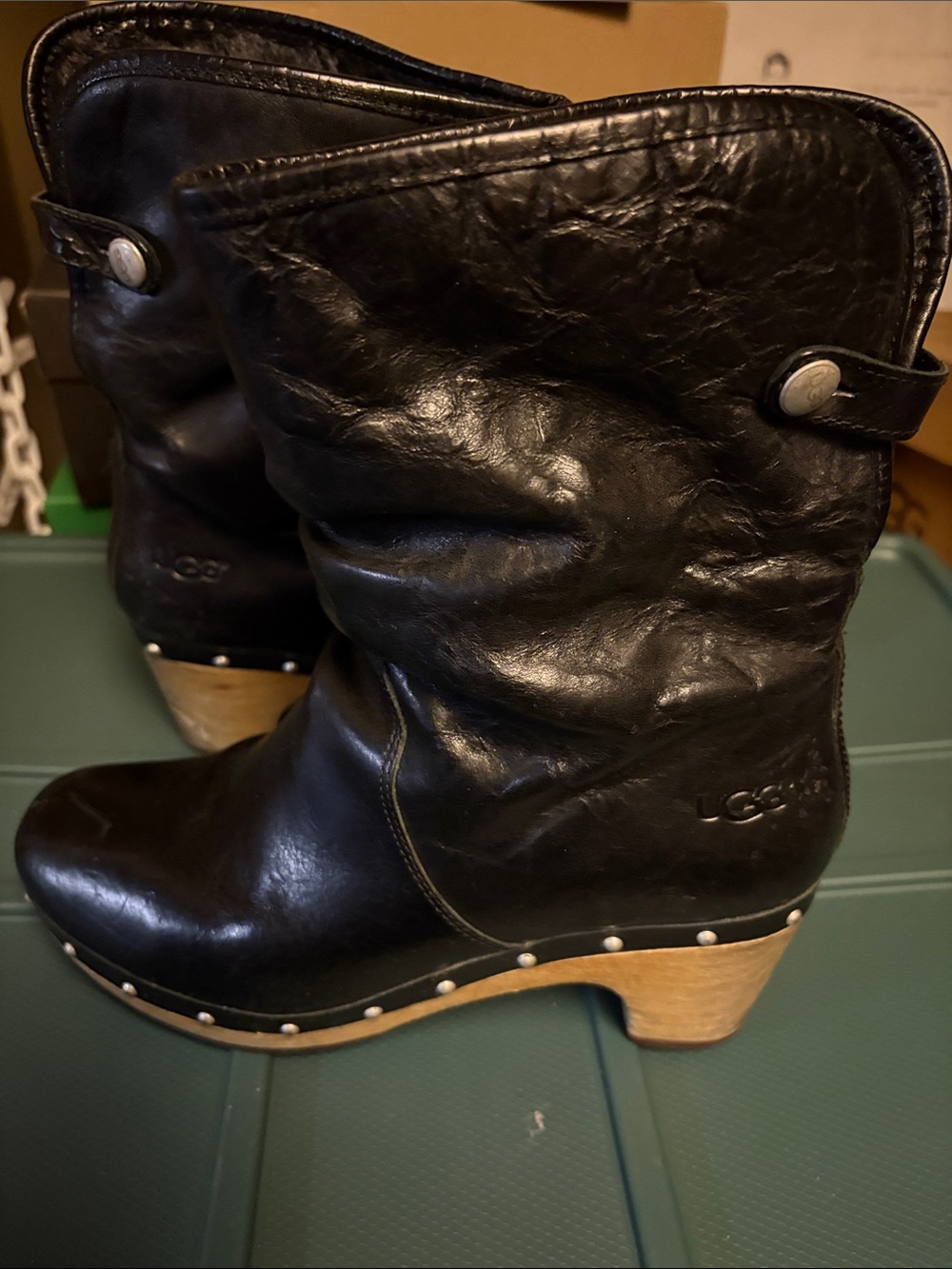 UGG Black Leather Studded Clog Heeled Mid Boots